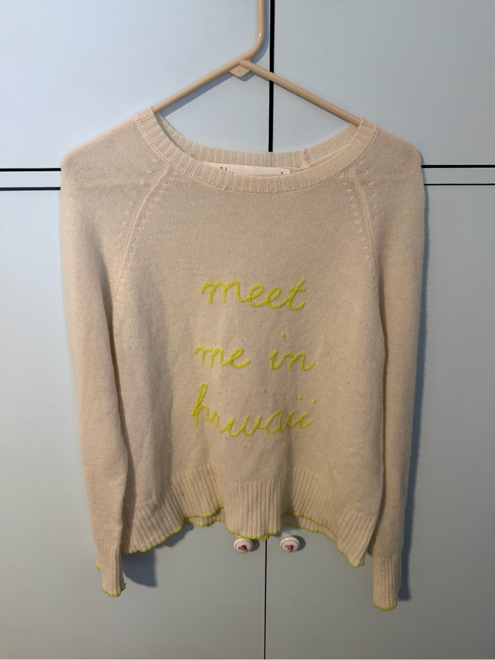 Cream Crewneck Sweater with Neon Yellow Script